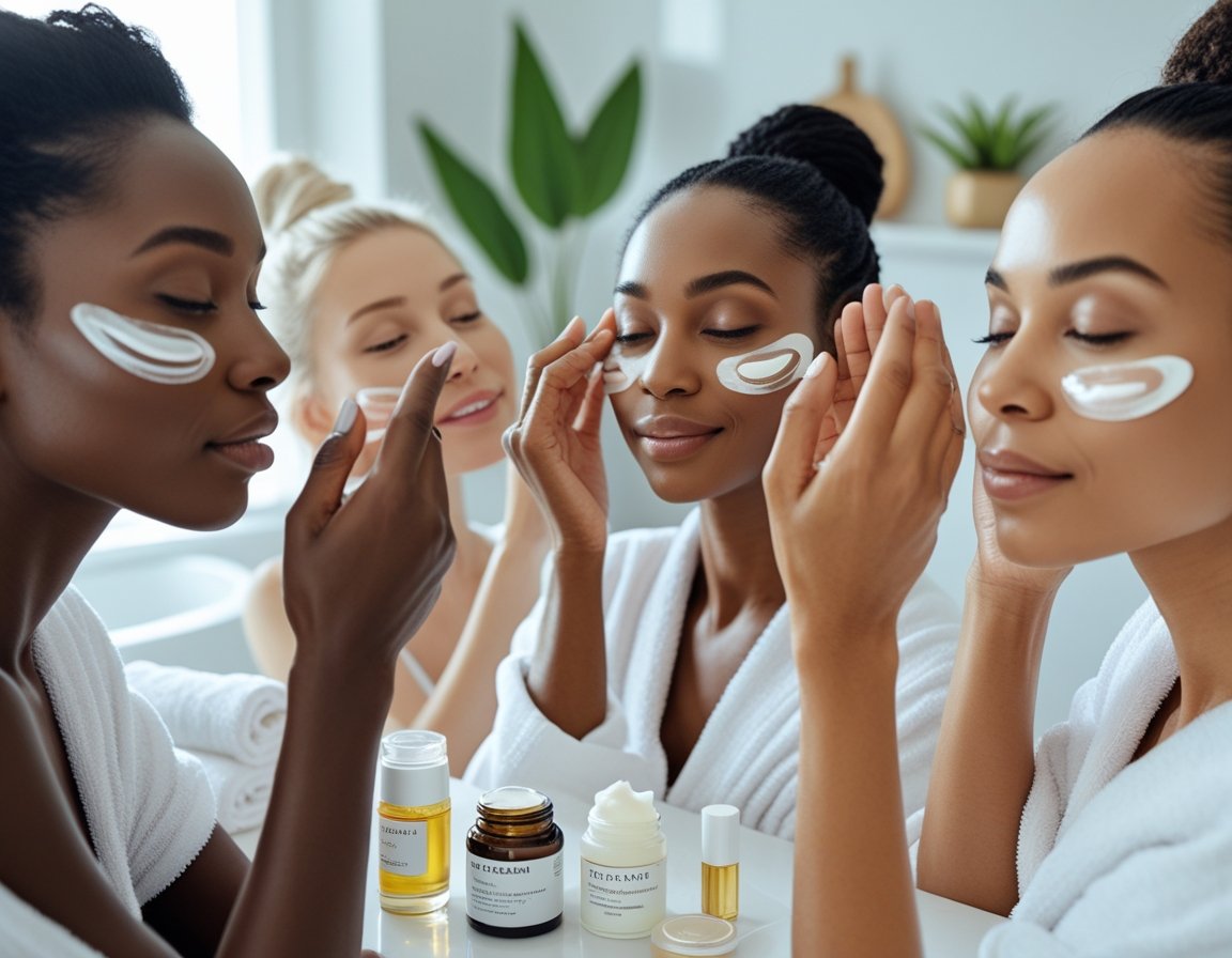 Close-up of women applying skincare products around their eyes in a bright bathroom to reduce dark circles.